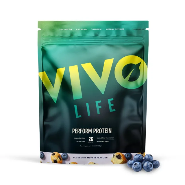 Vivo Life NEW PERFORM Borůvkový muffin - RAW VEGAN PROTEIN & BCAA (936g)