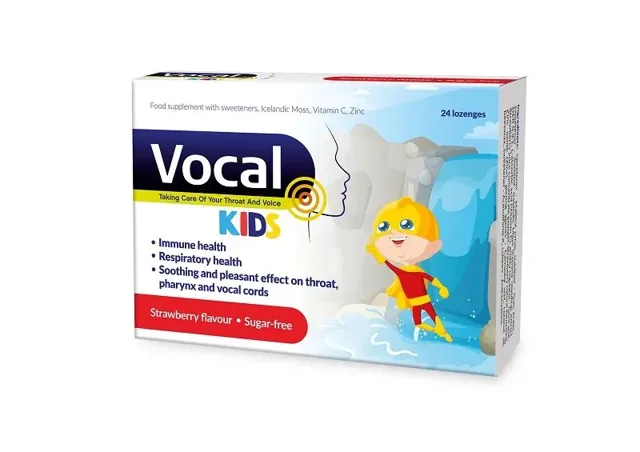 Vocal Vocal Kids měkké pastilky s příchutí Jahody doplněk stravy při potížích s hlasem příchuť strawberry 24 ks