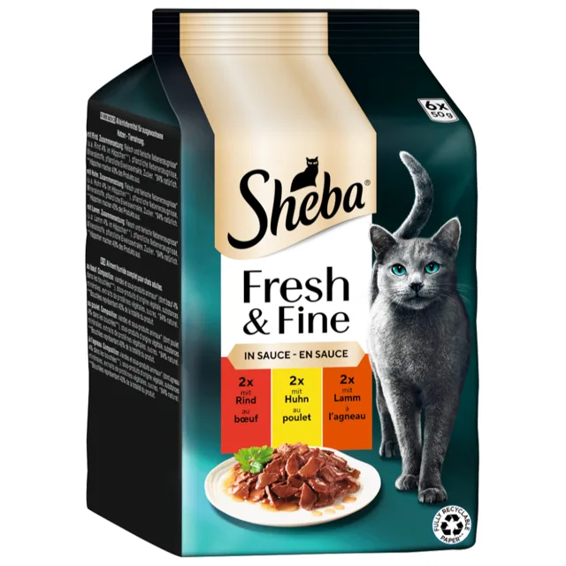 Výhodné balení 72 x 50 g Sheba Fresh & Fine - hovězí, kuřecí a jehněčí v omáčce
