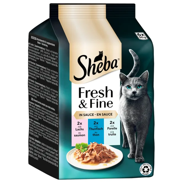 Výhodné balení 72 x 50 g Sheba Fresh & Fine - losos, tuňák a pstruh v omáčce