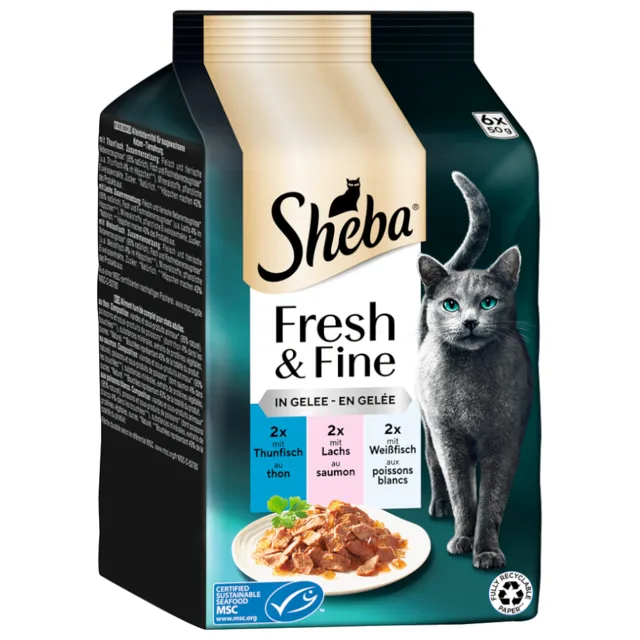 Výhodné balení 72 x 50 g Sheba Fresh & Fine - tuňák, losos a bílá ryba v želé