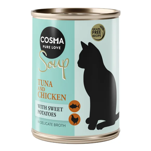 Výhodné balení Cosma Soup 12 x 100 g - kuřecí prsa a losos s cuketou a mrkví