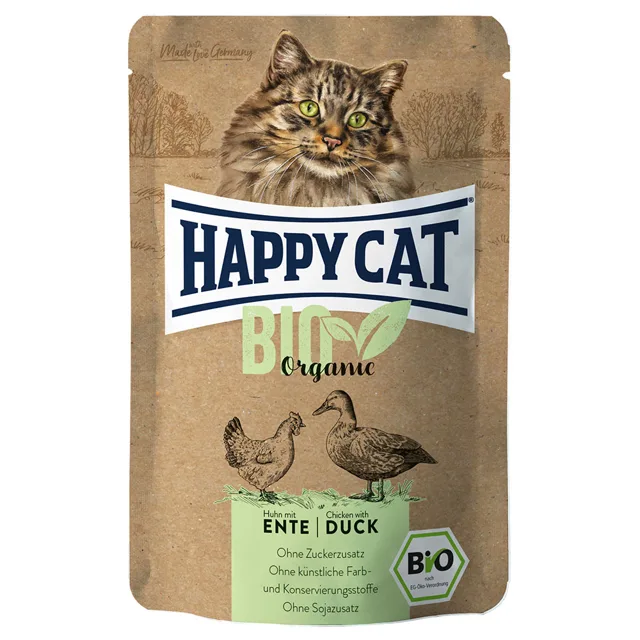 Výhodné balení Happy Cat Bio Pouch 12 × 85 g - bio kuřecí a bio kachní