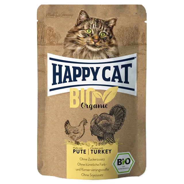 Výhodné balení Happy Cat Bio Pouch 12 × 85 g - bio kuřecí a bio krůtí