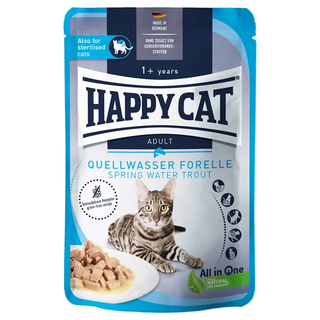 Výhodné balení Happy Cat Pouch Meat in Sauce 48 x 85 g - pstruh