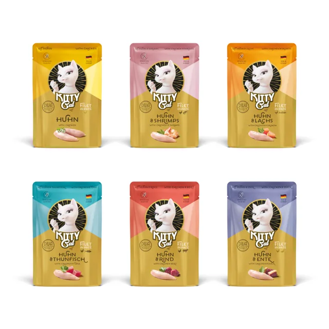 Výhodné balení Kitty Cat Filet in Paté smíšené balení 24 ks (24 x 85 g) - kuřecí variace (6 druhů)