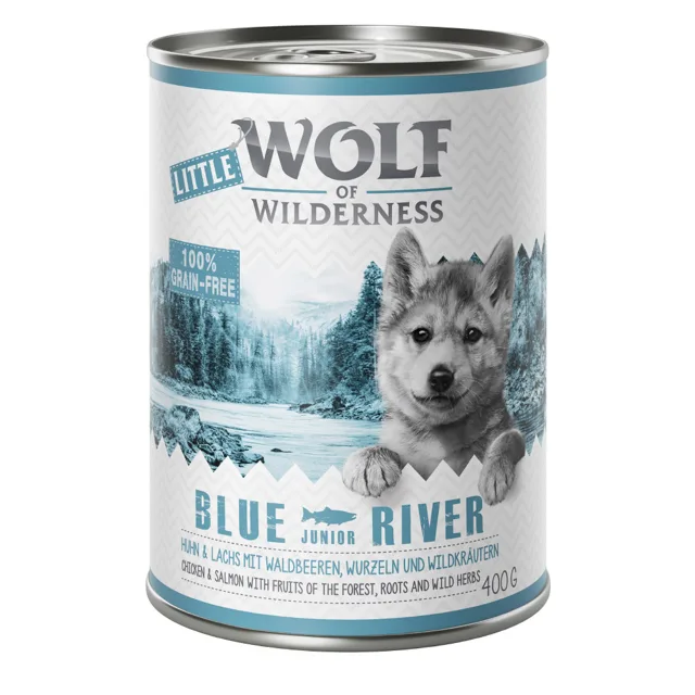Výhodné balení: Little Wolf of Wilderness Junior 12 x 400 g - Blue River - kuřecí & lososí