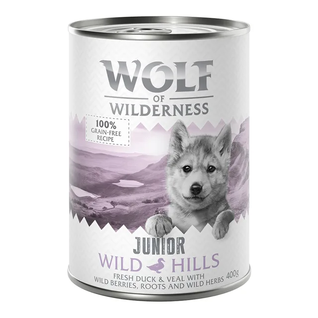 Výhodné balení: Little Wolf of Wilderness Junior 12 x 400 g - Wild Hills - kachní & telecí