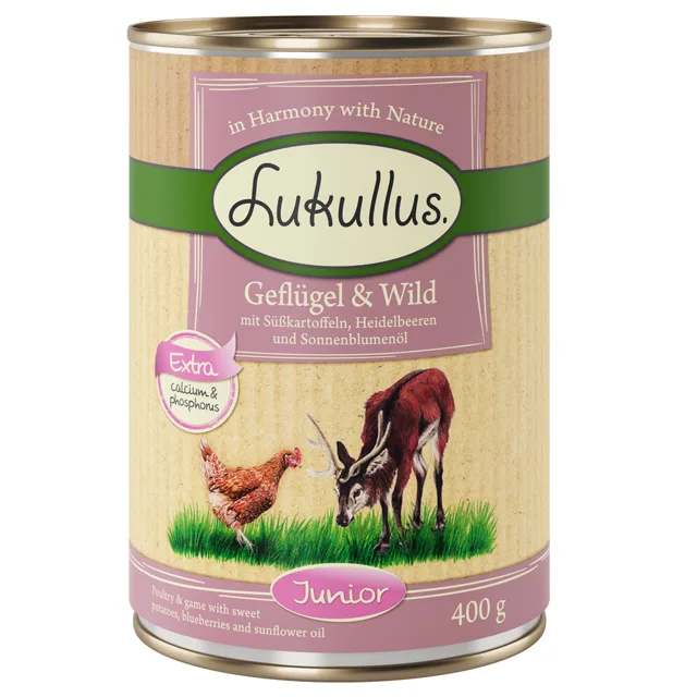 Výhodné balení Lukullus Junior 24 x 400 g - drůbež & zvěřina (bez obilnin)