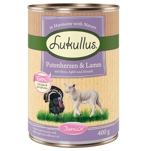 Výhodné balení Lukullus Junior 24 x 400 g - krůtí srdce & jehněčí