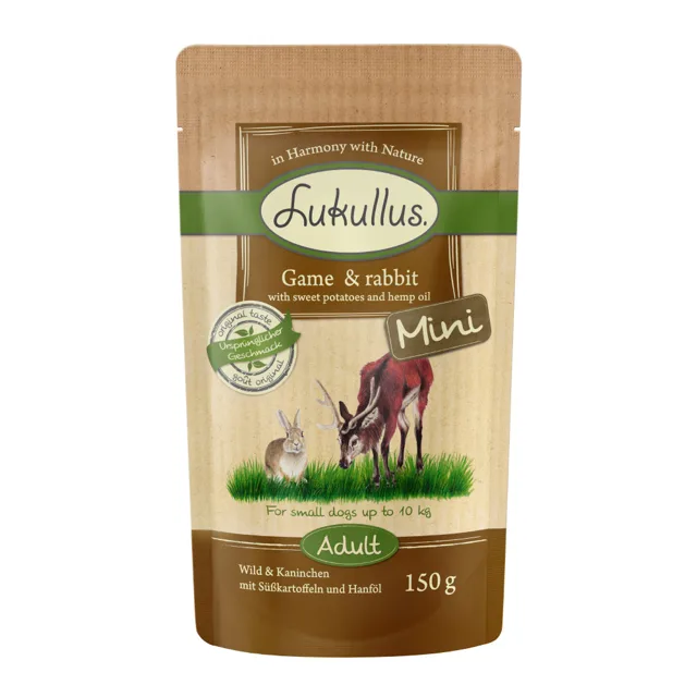 Výhodné balení Lukullus Mini kapsičky 48 x 150 g - mix: hovězí a krůtí / zvěřina a králičí / drůbeží a jehněčí