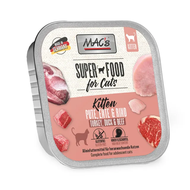 Výhodné balení MAC's Cat vanička 32 x 100 g - Kitten: krůtí, kachna a hovězí