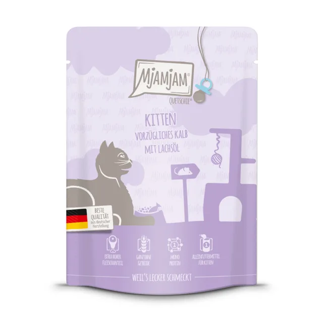 Výhodné balení MjAMjAM Quetschie 24 x 300 g - Kitten telecí s lososovým olejem