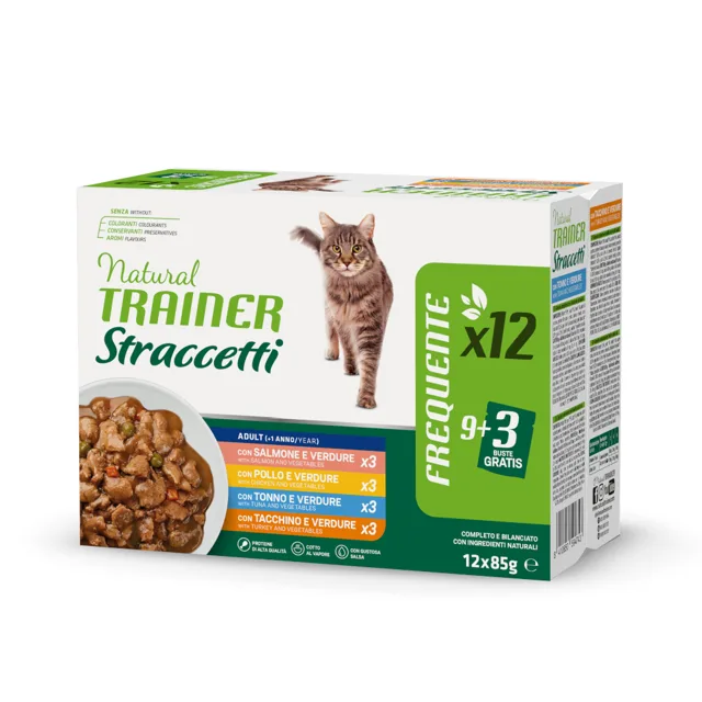Výhodné balení Natural Trainer Straccetti proužky v omáčce 24 ks (24 x 85 g) - míchané balení (kuřecí, losos, tuňák, krůtí)