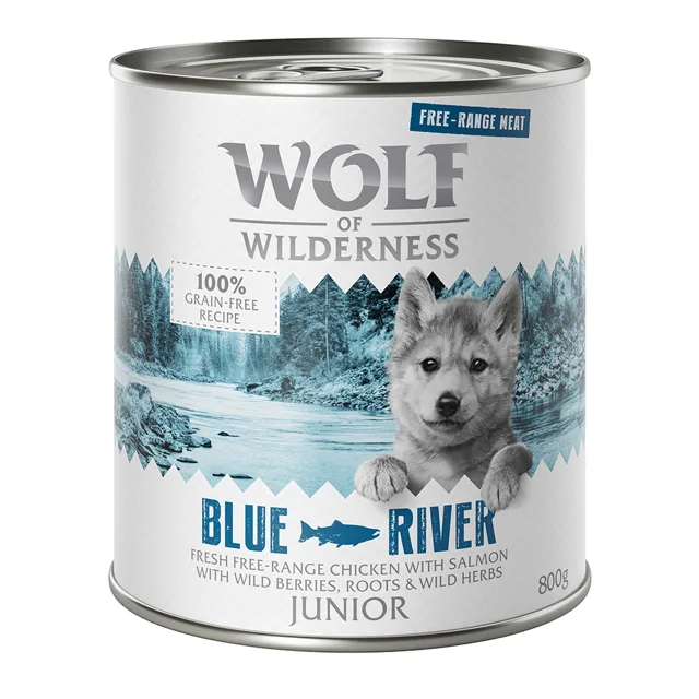 Výhodné balení Wolf of Wilderness "Free-Range Meat" Junior 12 x 800 g - Junior Wild Hills - kachní a telecí