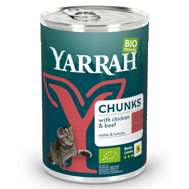 Výhodné balení Yarrah Bio Chunks 24 ks (24 x 405 g) - bio kuře s bio kopřivou a bio rajčaty v omáčce
