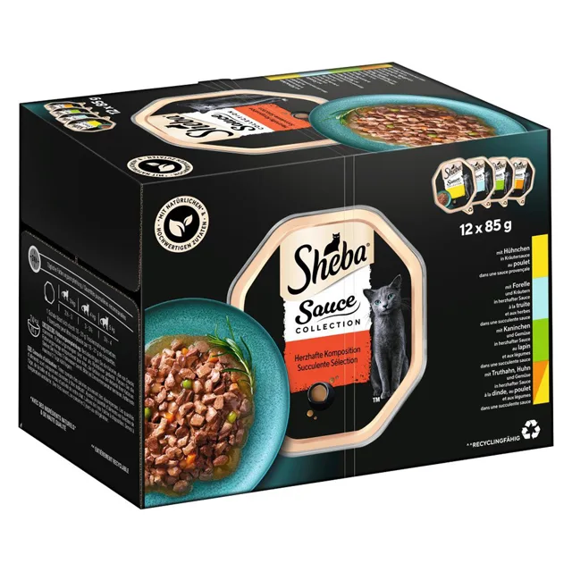 Výhodné megabalení - Sheba variace mističky 4 x 12 ks  (48 x 85 g) - Sauce Collection (králík, pstruh, kuřecí, krůtí a kuřecí)