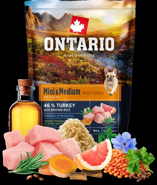 Vzorek - Ontario Mini & Medium Weight Control Turkey & Brown Rice 100g