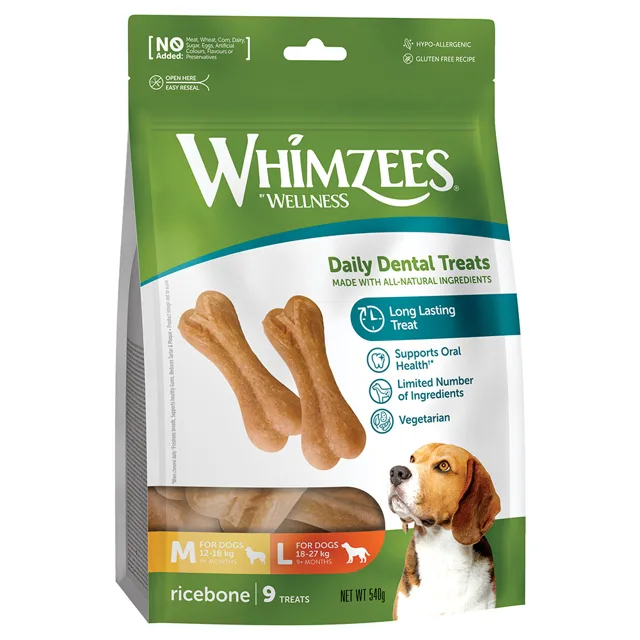 Whimzees by Wellness Ricebones - velikost M/L: pro středně velké a velké psy (12-27 kg, 9 kusů)