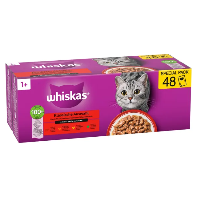 Whiskas 1+ Adult kapsičky 48 x 85 g - klasický výběr v omáčce (48 x 85 g) -  - hovězí, jehněčí, drůbež, kuře