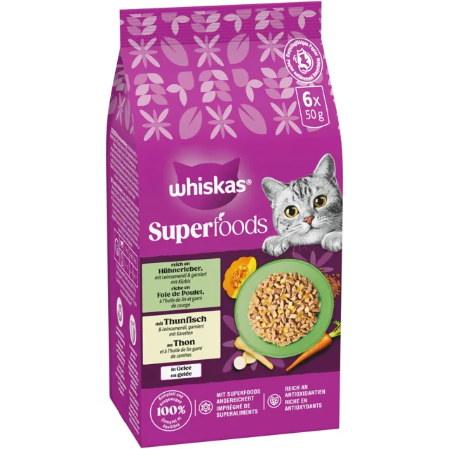 Whiskas 1+ Superfoods míchaný výběr v želé 6 x 50 g - Kuřecí játra a tuňák