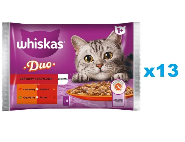 WHISKAS Adult 52x85g Classic Sets krmivo pro kočky v želé, kousky s hovězím a drůbežím, jehněčím a kachním masem