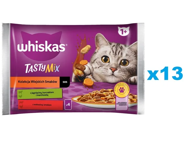 WHISKAS Adult 52x85g kapsičky krmivo pro kočky Country Flavours Collection v omáčce s jehněčím, kuřecím masem a mrkví, hovězím a drůbežím masem