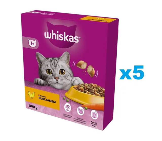 WHISKAS Adult 5x800 g kompletní suché krmivo s lahodným kuřecím masem pro dospělé kočky