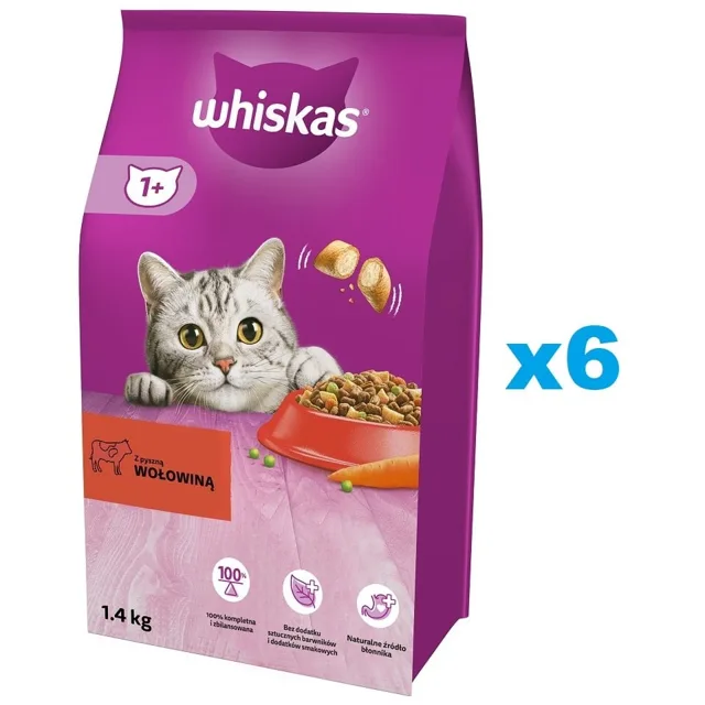 WHISKAS Adult 6x1,4 kg Kompletní krmivo pro dospělé kočky s lahodným hovězím masem