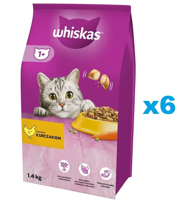 WHISKAS Adult 6x1,4 kg Kompletní krmivo pro dospělé kočky s lahodným kuřecím masem
