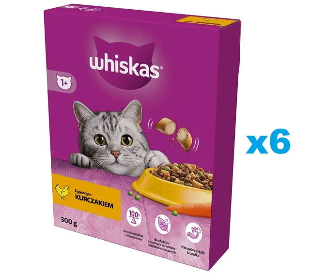 WHISKAS Adult 6x300 g Kompletní suché krmivo s lahodným kuřecím masem pro dospělé kočky