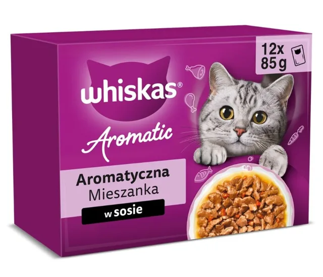 WHISKAS Adult Aromatic Mixture 12 sáčků po 85 g kompletní mokré krmivo pro dospělé kočky, v omáčce s kousky: glazovaného vepřového masa a mrkve, šťavnatého kuřecího masa s kousky mořské ryby ve vývaru, jemného lososa a hrášku