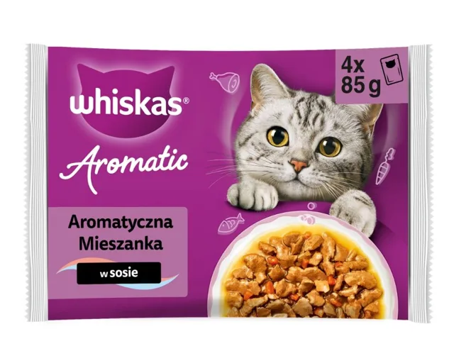 WHISKAS Adult Aromatic Mixture 4 kapsičky po 85 g krmivo pro dospělé kočky, v omáčce s kousky: glazovaného vepřového masa a mrkve, s kousky mořských ryb ve vývaru