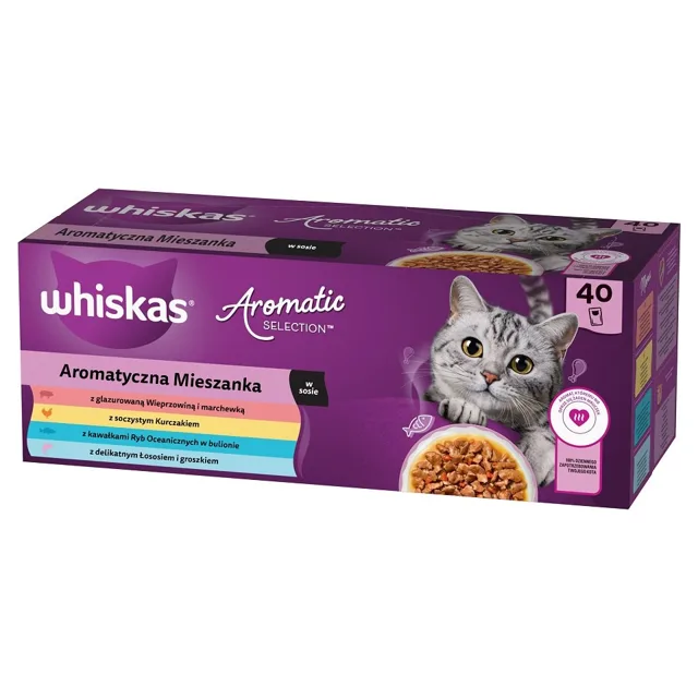 WHISKAS Adult Aromatická směs 4 kapsičky 40x85 g kompletní krmivo pro dospělé kočky v omáčce s kousky glazovaného vepřového masa a mrkve, šťavnatým kuřecím masem, kousky mořských ryb ve vývaru, jemným lososem a hráškem 3+