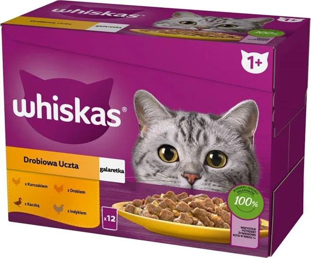 WHISKAS Adult kapsička 12x85g Drůbeží krmivo v želé s: kuřetem, kachnou, drůbeží, krůtou