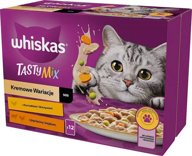 WHISKAS Adult kapsička 12x85g Krémové krmivo pro dospělé kočky v omáčce s: kuřecím masem a zeleninou, jehněčím a krůtím masem