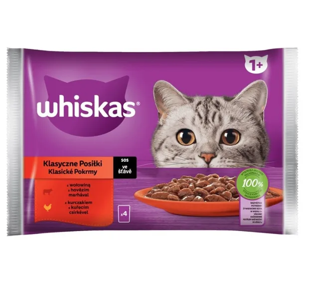 WHISKAS Adult kapsička 4x85g Classic Meals krmivo pro dospělé kočky v omáčce s: hovězím masem, kuřecím masem