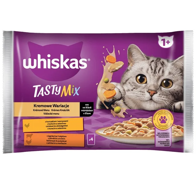 WHISKAS Adult kapsička 4x85g Krémové krmivo pro dospělé kočky v omáčce s: kuřecím masem a zeleninou, jehněčím a krůtím masem