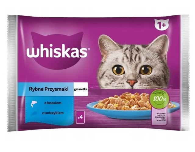 WHISKAS Adult kapsička 4x85g Rybí pochoutky krmivo pro dospělé kočky v želé s: lososem, tuňákem