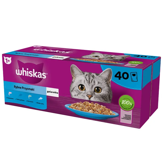 WHISKAS Adult kapsičky 40 x 85 g Rybí příchutě v želé losos, tuňák, treska, bílá ryba + TRIXIE Plyšová myš s šantou šantou 7 cm