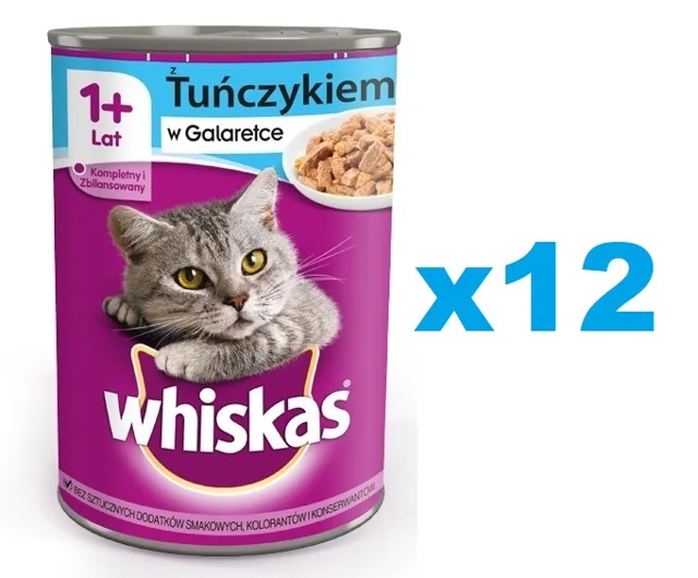 WHISKAS Adult konzerva 12x400 g kompletní krmivo pro dospělé kočky, kousky s tuňákem v želé