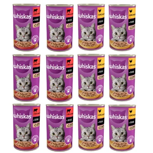 WHISKAS Adult Mix příchutí 12x400 g s kuřecím a hovězím masem v omáčce pro dospělé kočky