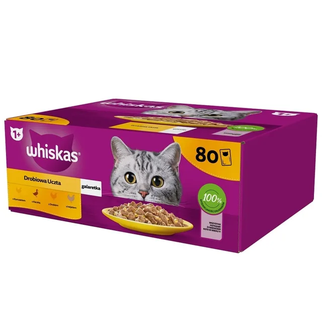 WHISKAS Adult Poultry Feast 80x85g drůbeží kapsičky pro kočky v želé, kousky s kuřecím, kachním, drůbežím a krůtím masem