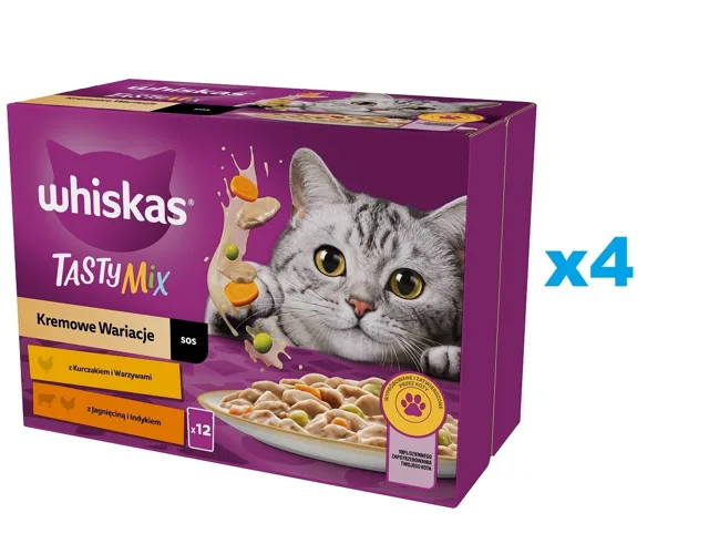 WHISKAS Adult sáček 48×85 g Creamy Variations mokré krmivo pro dospělé kočky v omáčce s: kuřecím masem a zeleninou, jehněčím masem a krůtím masem