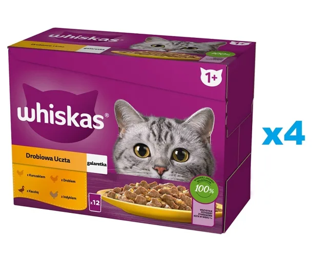 WHISKAS Adult sáček 48×85 g Drůbeží hostina mokré krmivo pro dospělé kočky v želé s: kuřecím masem, kachnou, drůbeží a krůtím masem