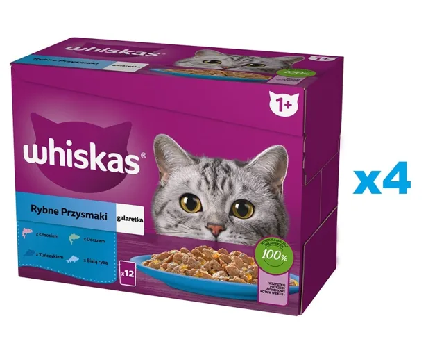 WHISKAS Adult sáček 48×85 g Rybí delikatesy mokré krmivo pro dospělé kočky v želé s: lososem, tuňákem, treskou a bílou rybou