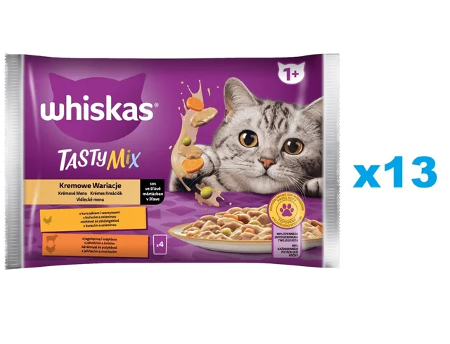 WHISKAS Adult sáček 52 × 85 g Creamy Variations mokré krmivo pro dospělé kočky v omáčce s: kuřecím masem a zeleninou, jehněčím masem a krůtím masem