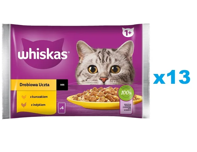 WHISKAS Adult sáček 52×85 g Drůbeží hostina mokré krmivo pro dospělé kočky v omáčce s: kuřecím masem, krůtím masem