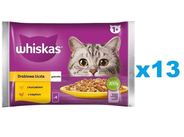 WHISKAS Adult sáček 52×85 g Drůbeží hostina mokré krmivo pro dospělé kočky v želé s: kuřecím masem, krůtím masem