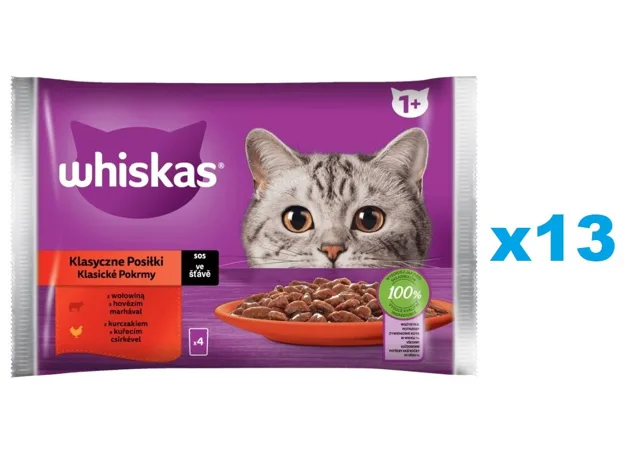WHISKAS Adult sáček 52 × 85 g Klasické pokrmy mokré krmivo pro dospělé kočky v omáčce s: hovězím masem, kuřecím masem